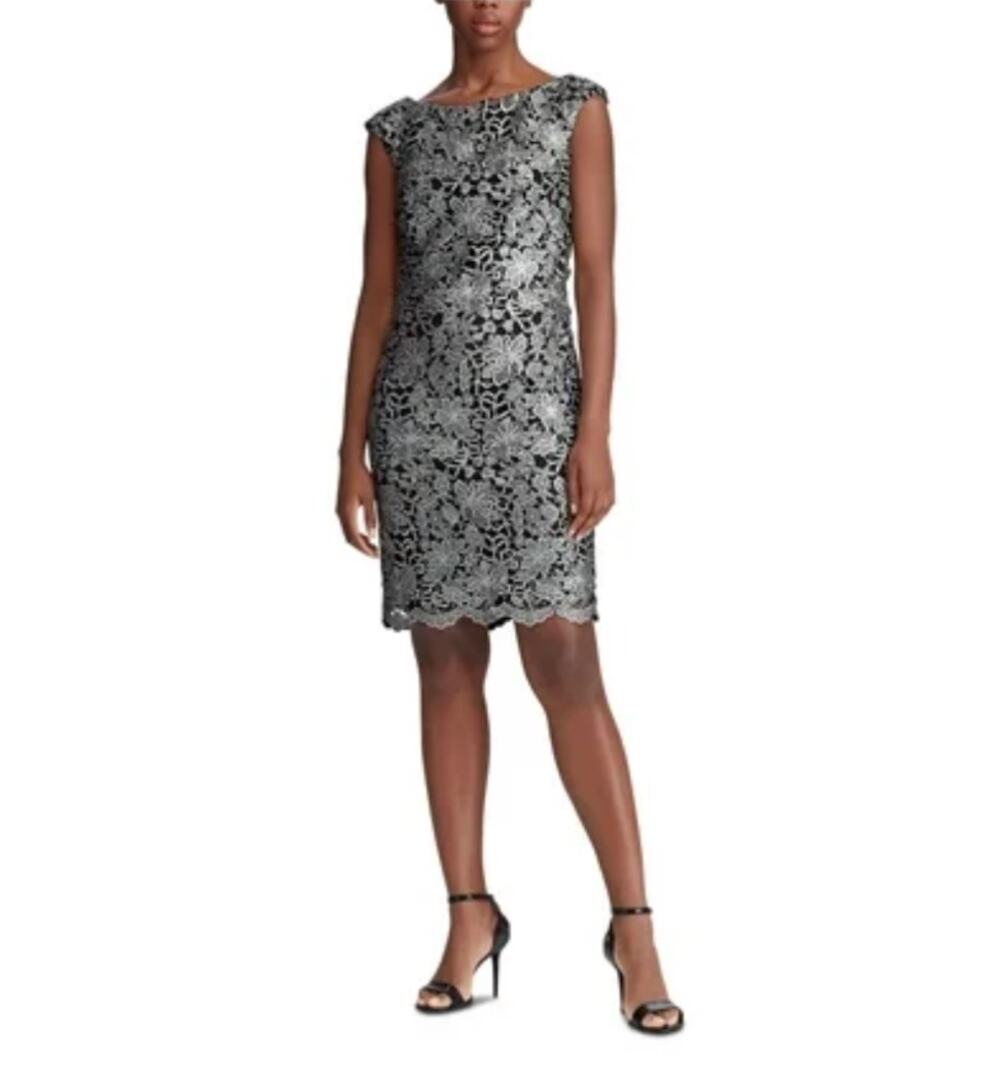 Ralph Lauren Black and Silver Cocktail Dress Lace Sleeveless Midi Sheath Size 6